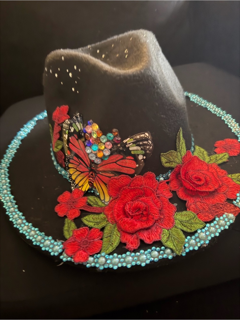 Embellished Black Felt Hat with Red Rose Appliqués and Crystal Butterfly